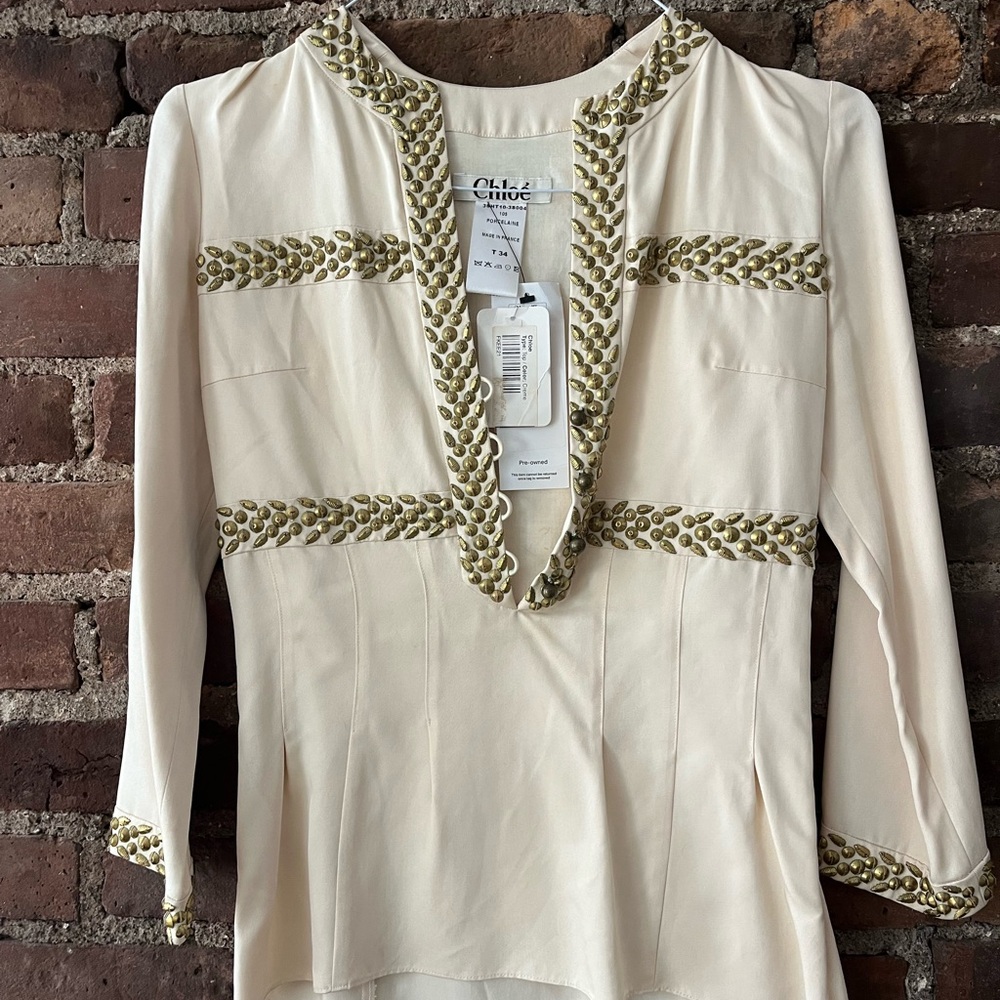 Vintage Chloe Cream Embellished Metal Stud Women's long sleeve top. Stunning.